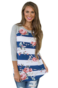 Blue White Bold Stripe Rose Floral Shirt
