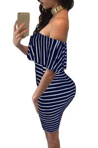Blue White Striped Off-shoulder Bodycon Dress