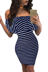 Blue White Striped Off-shoulder Bodycon Dress