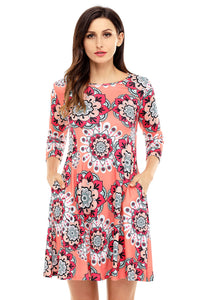 Bohemian Sunflower Print Coral Dress