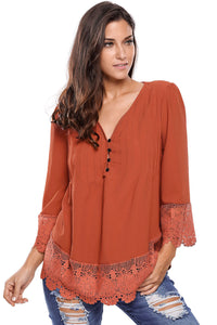 Brown Lace Detail Button Up Sleeved Blouse