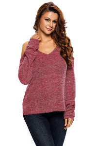 Burgundy Cold Shoulder Knit Long Sleeves Sweater