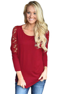 Sexy Burgundy Floral Lace Insert 3/4 Sleeve Top