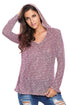 Burgundy Hooded V-Neck Long Sleeve Loose Knitted Top