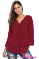 Burgundy Lace Detail Button Up Sleeved Blouse