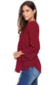 Burgundy Lace Detail Button Up Sleeved Blouse