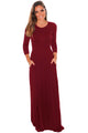 Sexy Burgundy Pocket Design 3/4 Sleeves Maxi Dress