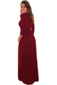 Sexy Burgundy Pocket Design 3/4 Sleeves Maxi Dress