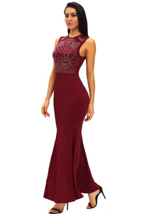 Burgundy Shimmering Rhinestone Embellished Maxi Mermaid Dress