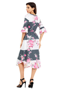 Sexy Charcoal White Colorblock 3/4 Bell Sleeve Floral Midi Dress