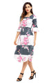 Sexy Charcoal White Colorblock 3/4 Bell Sleeve Floral Midi Dress