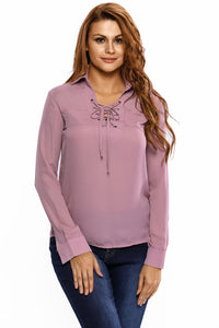 Chiffon Lace up Hi-low Long Sleeves Top