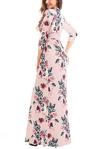 Sexy Classic Floral Print Pink 3/4 Sleeve Maxi Dress
