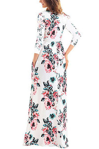 Sexy Classic Floral Print White 3/4 Sleeve Maxi Dress