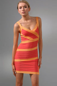 Color Block V Neck Orange Bandage Dress