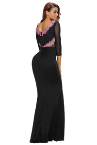 Contrast Floral Applique Black Long Sleeve Party Dress