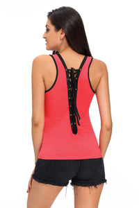 Contrast Trim Lace-up Back Rosy Tank Top