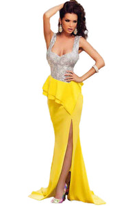 Costly Silver Bust Yellow Skirt Frill Party Prom Evening Dress