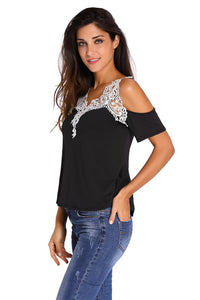 Crochet Detail Black Cold Shoulder Short Sleeve Top