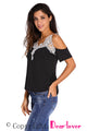 Crochet Detail Black Cold Shoulder Short Sleeve Top