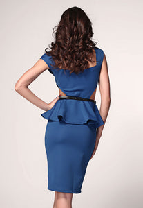 Cut Out Side Belted Peplum Dress Blue
