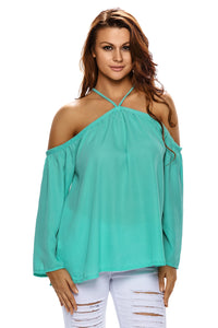 Cyan Long Sleeve Off Shoulder Halter Top