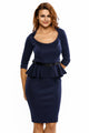Dark Blue Long Sleeve Belted Peplum Midi Dress