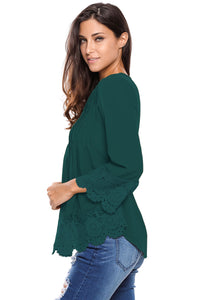 Dark Green Lace Detail Button Up Sleeved Blouse