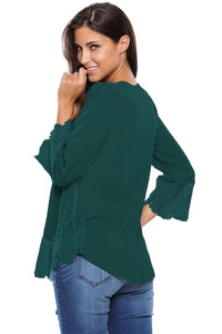 Dark Green Lace Detail Button Up Sleeved Blouse