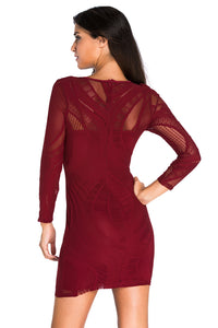 Date Red Lace Nude Illusion Long Sleeves Bodycon Dress