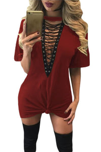 Date Red Lace Up Half Sleeves Tee Dress