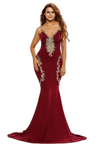 Deluxe Lace Applique Burgundy Mermaid Party Dress