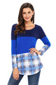 Dual Blue Block Plaid Splice Long Sleeve Top