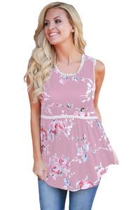 Dusty Pink Floral Pompom Lace Trim Flowy Tank Top