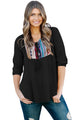 Sexy Embroidered Neck 3/4 Sleeve Black Crepe Top