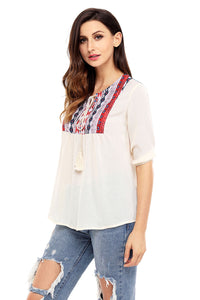 Sexy Embroidered Neck 3/4 Sleeve Khaki Crepe Top