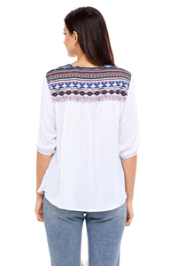 Sexy Embroidered Neck 3/4 Sleeve White Crepe Top