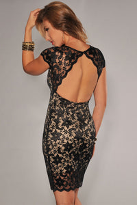Enticing Lace Surface Backless Bodycon Dress with Lining