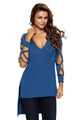 Fashionable V Neck Crisscross Hollow-out Long Sleeves Top Blue