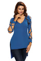 Fashionable V Neck Crisscross Hollow-out Long Sleeves Top Blue