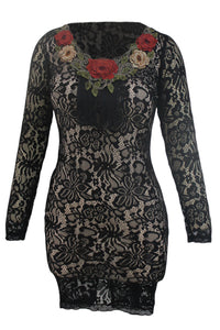 Floral Embroidery Tassel Accent Black Lace Dress