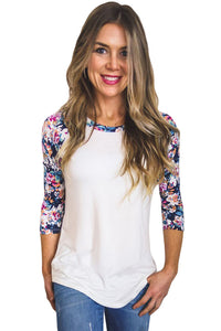 Floral Print Raglan Sleeve White Top