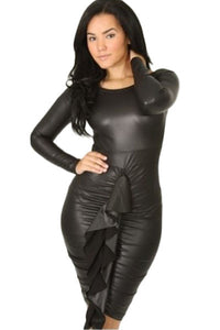 Front Ruffled Long-sleeve Leather Dress