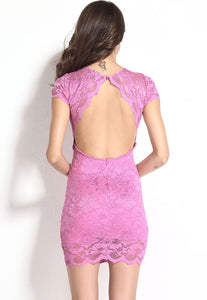 Fuchsia Enticing Lace Surface Backless Bodycon Dress with Lining