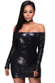Glittering Black Long Sleeve Off Shoulder Club Dress
