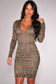 Gold Animal Textured Lace Long Sleeves Dress