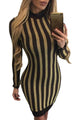 Gold Black Stripes Mock Neck Long Dress