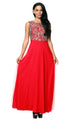 Gold Embroidery Detail Red Tulle Overlay Evening Dress