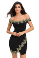 Gold Lace Applique Black Off Shoulder Mini Dress