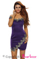 Gold Lace Applique Purple Off Shoulder Mini Dress